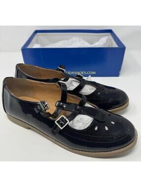 Black Soda Patent Leather T-strap Flats Cut-Out Details and Buckled Straps 10